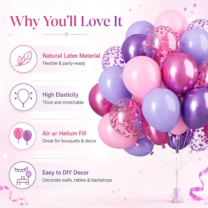 Pink and Purple Balloons, Metallic Purple Pink Latex Balloons - Image 3