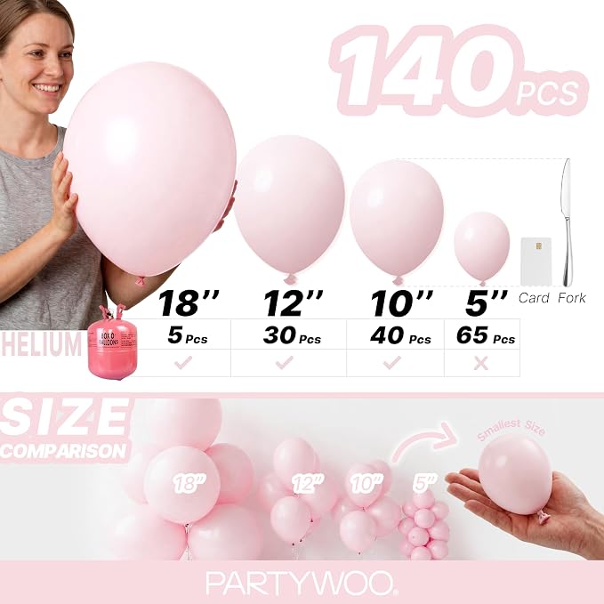 PartyWoo Pale Pink Balloons 140pcs Light Pastel Baby Pink Color | 18 12 10 5 - Image 6