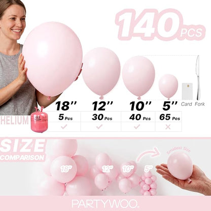 PartyWoo Pale Pink Balloons 140pcs Light Pastel Baby Pink Color | 18 12 10 5 - Image 6