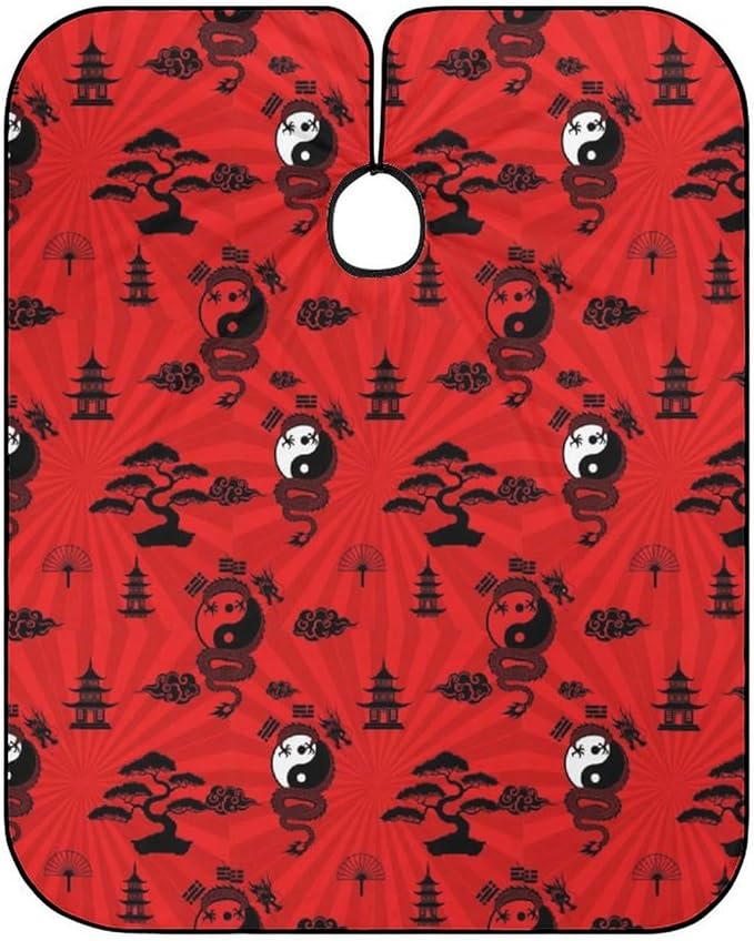 Salon Cape Yin Yang Dragon Red Hair Dress Apron Cloak, Adjustable Dyeing Salon Apron for Styling Hair Cut Hairdresser, Easy Clean