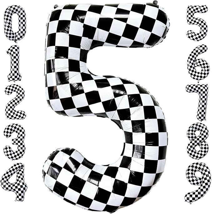 Checkered Number 5 Balloons 40 Inch Giant Race Car Checkered 5 Balloons by LHOAVWE