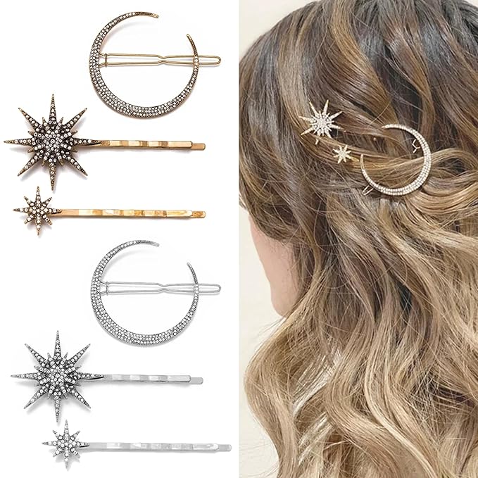 mdgfge 6 Pieces Rhinestone Stars Moon Hair Clips Vintage Star Hairpins Crystal Decorative Bobby Pins Metal Alloy Hair Pins Snowflake Side Clip Hair Accessories for Women (Silver, Gold)