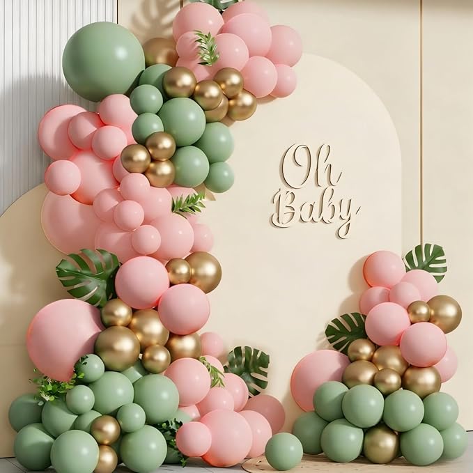 Spring Balloon Garland Arch Kit 160Pcs Sage Green Pink and Gold Latex Balloons by Unknown