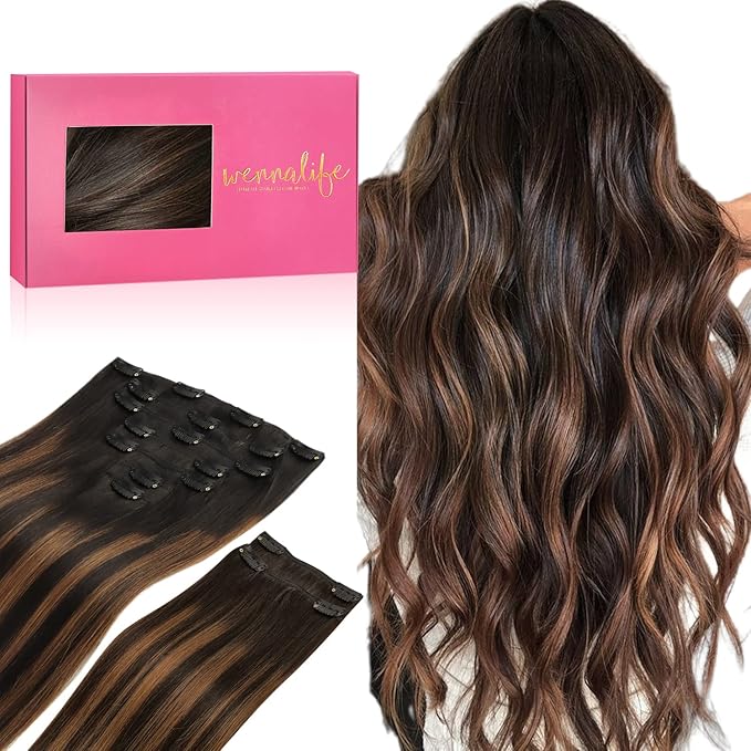 WENNALIFE Clip in Hair Extensions, 150g 14 Inch 9pcs Balayage Natural Black to Chestnut Brown Remy Hair Thicker Double Weft Extensiones De Cabello Humano Con Clip Ins Straight Full Volume