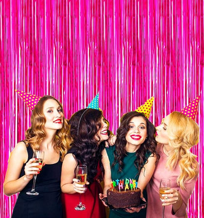 2 Pcs 3.2ft x 8.2ft Shiny Hot Pink Metallic Tinsel Foil Fringe Curtains Photo - Image 5