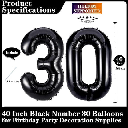 Black 30 Number Balloons, 40 Inch Giant Number 30 Balloons Foil Mylar Helium - Image 2