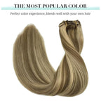DOORES Clip in Human Hair Extensions - Ombre Medium Brown Highlighted Golden Blonde, 120g 7pcs 20 Inch Remy Straight Thick Natural Hair