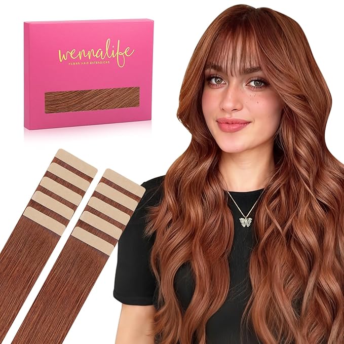 WENNALIFE Tape in Hair Extensions Human Hair Dark Auburn Copper Tape in Extensions, 10pcs 25g 18 inch Remy Invisible Tape Ins Straight Colored Soft Real Human Hair Tape in Extensions Refill Set Extens