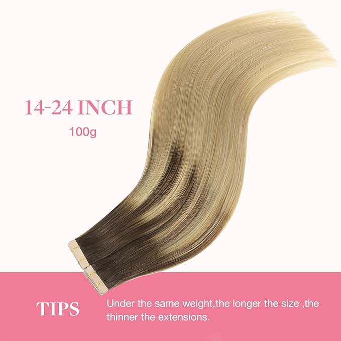 GOO GOO Tape in Hair Extensions Human Hair, 4/18 Balayage Chocolate Brown Highlighted Dirty Blonde, 14inch 100g 40pcs, Skin Weft Seamless Invisible, Silky Straight with Thick Ends, Remy Human Hair
