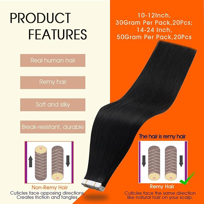 Full Shine Remy Tape in Hair Extensions Human Hair Double Sided Skin Weft Real Hair Tape in Extensions 22Inch Color 1B Off Black Seamless PU Human Hair Extensions 20Pcs 50Grams Add Length for Wedding