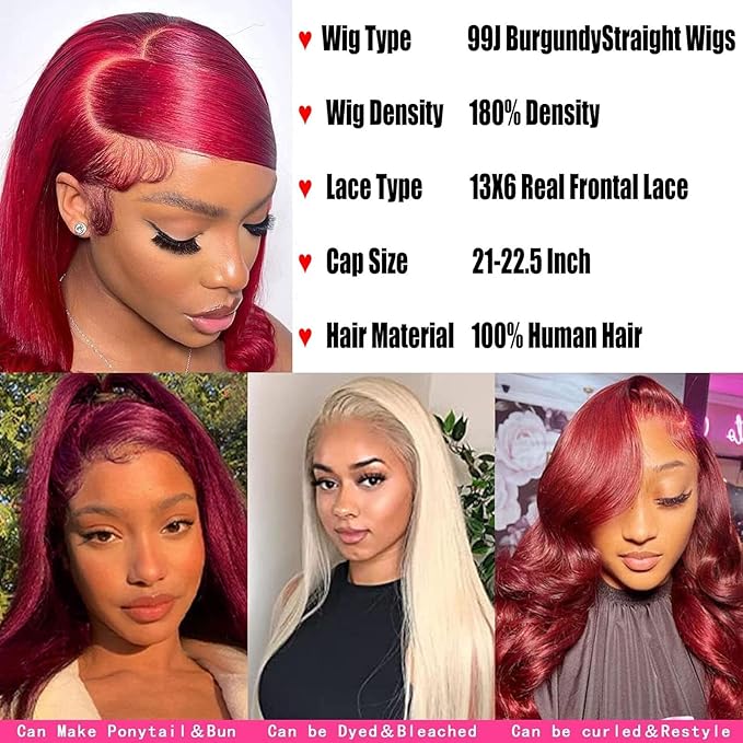 Burgundy Wig Human Hair 30inch 13x6 HD Transparent Lace Straight 99J Red Human Hair Wig Colored Reddish Brown Lace Frontal Wigs 180% Density Pre Plucked