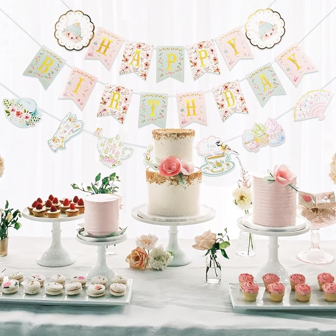 SUNBEAUTY Floral Tea Party Birthday Decorations Tea Happy Birthday Banner - Image 5