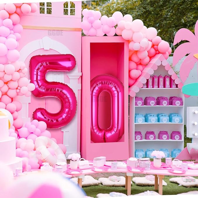 40 Inch Number Balloon Hot Pink 50 Set Pink Theme 50th Birthday Decor 10Pcs | - Image 3