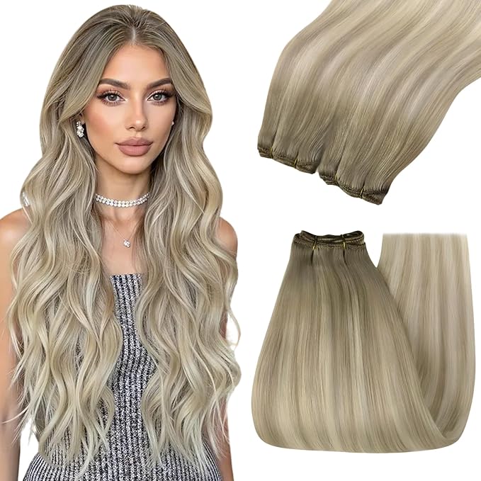 YoungSee 100g Sew in Hair Extensions Real Human Hair Ombre Human Hair Weft Extensions Ash Blonde Ombre Platinum Blonde Highlights Sew in Hair Extension for Short Hair 14inch