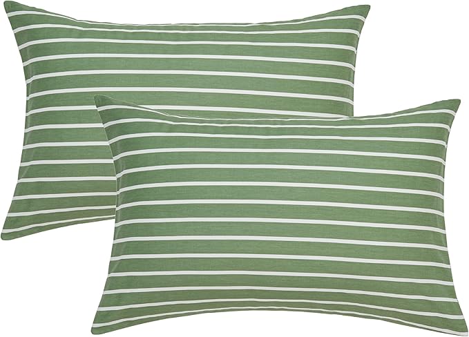 JELLYMONI 100% Natural Cotton Striped King Pillowcases Set, 2 Pack Green and White Stripes Pattern Printed Pillow Covers with Envelope Closure(Pillows are not Included)