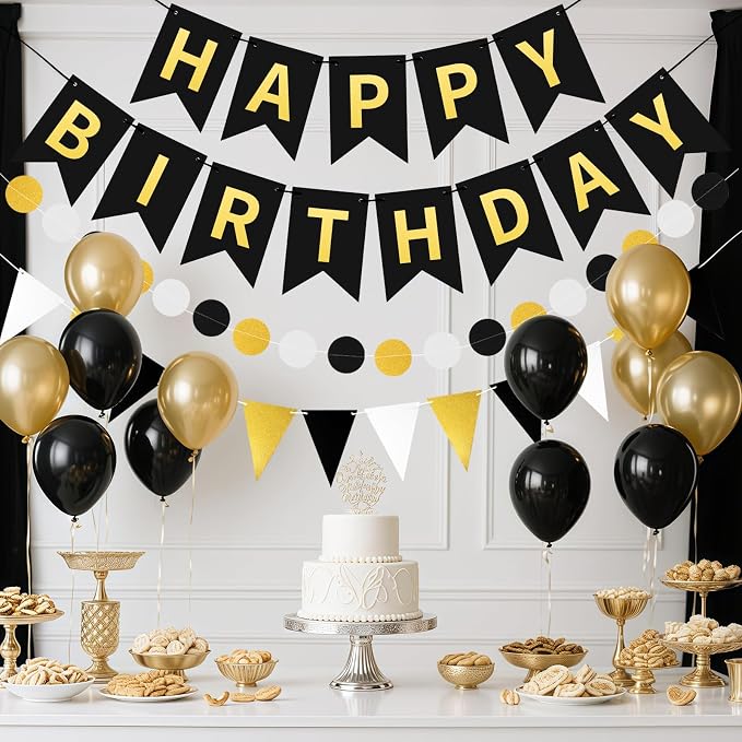 Black Gold Happy Birthday Banner, Happy Birthday Decorations Hanging Birthday - Image 2