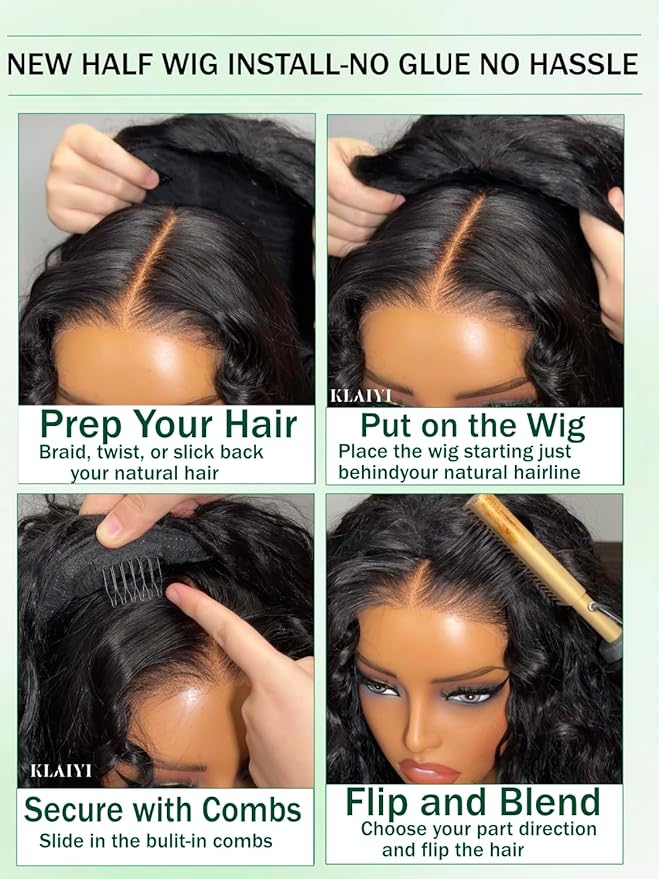 KLAIYI Water Wave 3 In 1 Flip Over 3/4 Half Wig Human Hair Curly Flip Over Seamless Blend Edges Glueless Wear and Go Drawstring Headband Clip In Wigs for Women Ready to Go Wig Beginner Friendly 22Inch