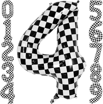 Checkered Number 4 Balloon 40 Inch, Large Foil Black and White Number Balloons by AIQINHU