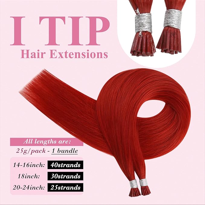 YoungSee I Tip Extensions Red 22 Inch Human Hair Extensions I Tip Pre Bonded Itips Extension Real Human Hair Red I-Tip Hair Extension Colorful 25 Strands 25g for Highlights DIY