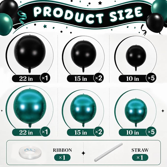 Emerald Green Black Round Foil Balloons - Image 2