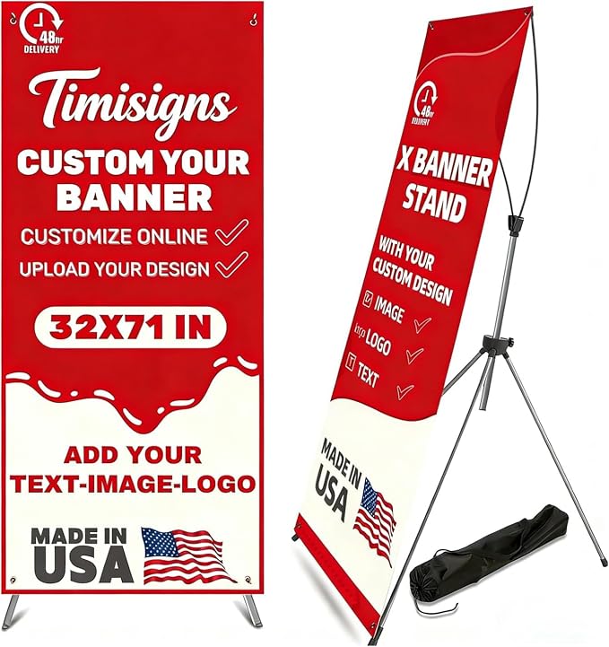Custom X Banner Stand 32"x71", Portable Retractable Banner by Timisigns
