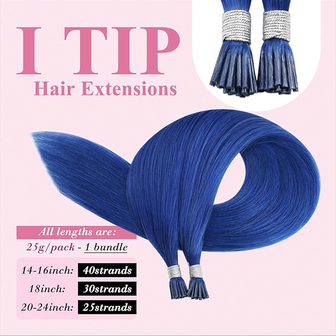 YoungSee Itip Human Hair Extensions Blue I Tip Hair Extensions Human Hair Blue 22 Inch Invisible Itips Hair Extension Natural Colorful Soft and Silky for Cosplay 25s 25g