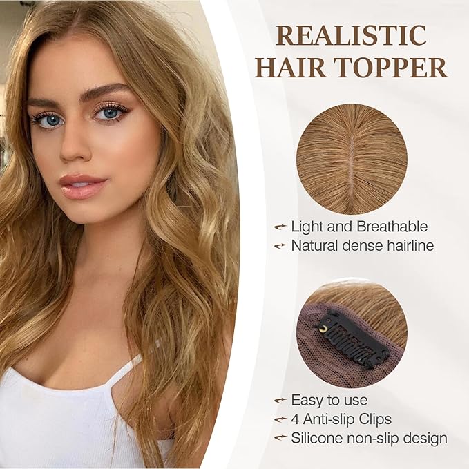 Rich Choices Hair Toppers for Women Real Human Hair 100% Human Remy Toppers NO Bangs for Women with Thinning on Top Clip in Hairpiece 4"x4.7"Lace Base 18 Inch #6 Light Brown