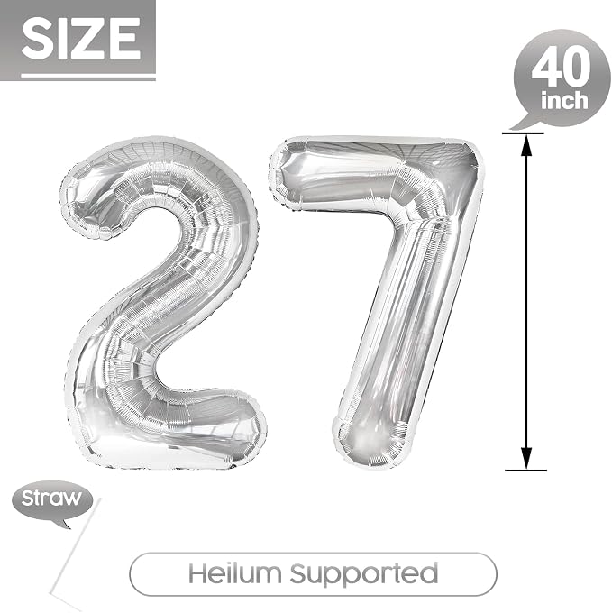 27 Balloon - Silver Birthday Number Balloons, 40 Inch Decorations Men Women | - Image 5