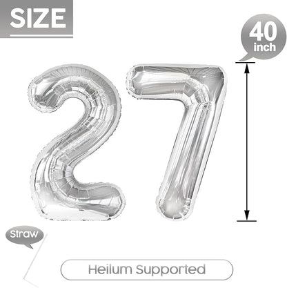 27 Balloon - Silver Birthday Number Balloons, 40 Inch Decorations Men Women | - Image 5