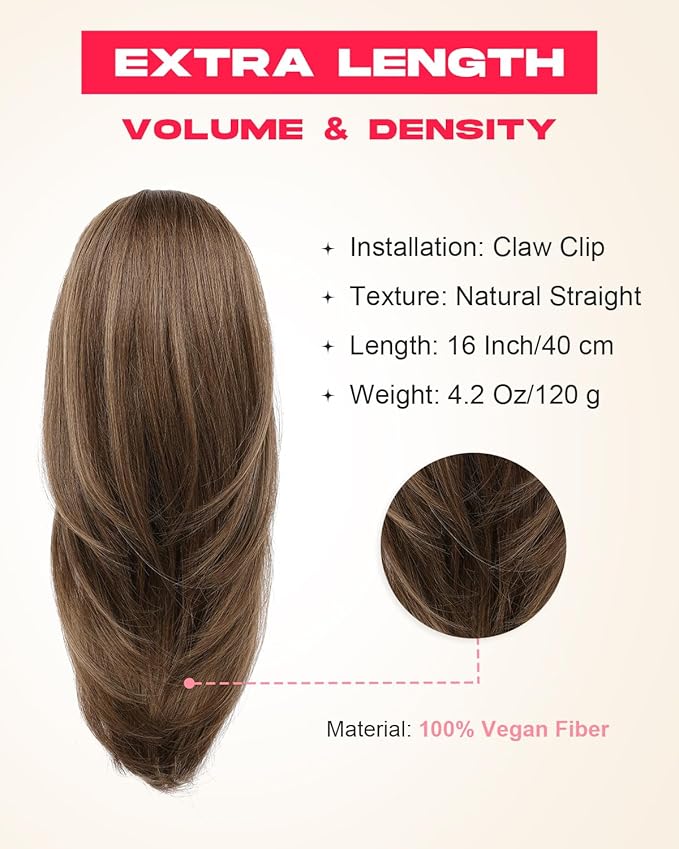Ponytail Extension – 16” Claw Clip in Ponytail Hair Extensions Natural Soft Synthetic High Pony Tail Hairpieces for Women (Light Brown, 16 inch)