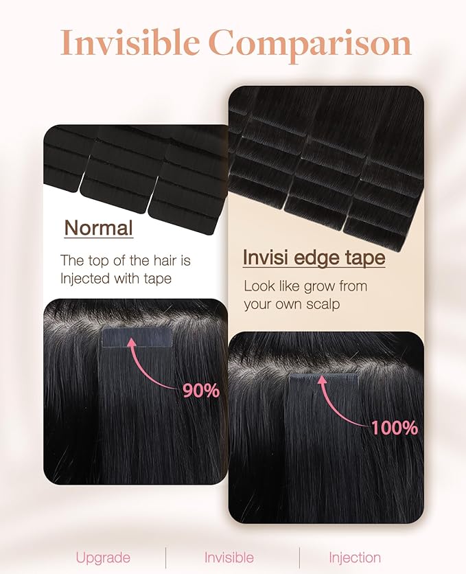 GOO GOO Invisi Edge Tape in Hair Extensions Human Hair, 1B Natural black 20pcs injected with 20pcs classical tape ins, 12inch 80g, Virgin Remy Hair, Natural Look
