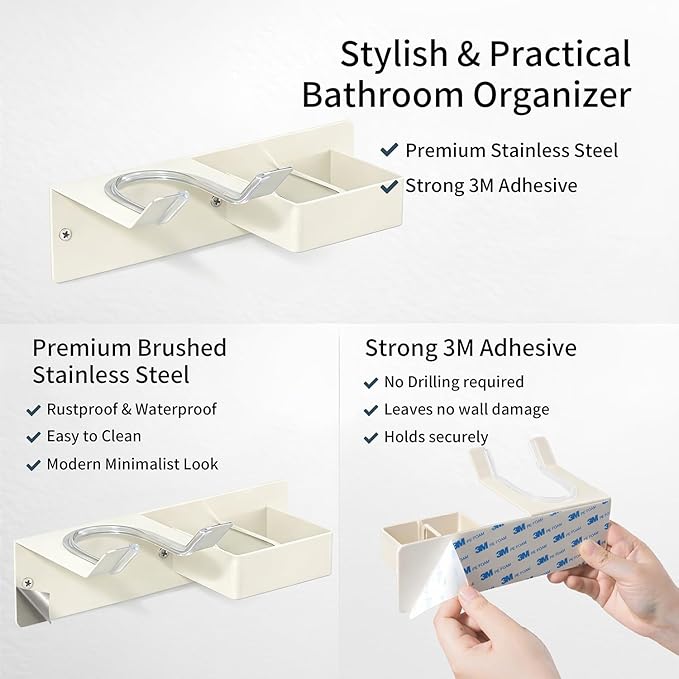 Hair Dryer and Straightener Holder, Stainless Steel Hair Dryer Stand for Bathroom, Hair Dryer Holder Wall Mounted Adhesive or Drilling, Hair Tool Organizer for Salon Barber Shops White BANJEKT