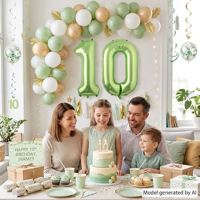 Light Green Number 10 Balloon 40 Inch, Glossy Metallic Double Digit Decor | - Image 3