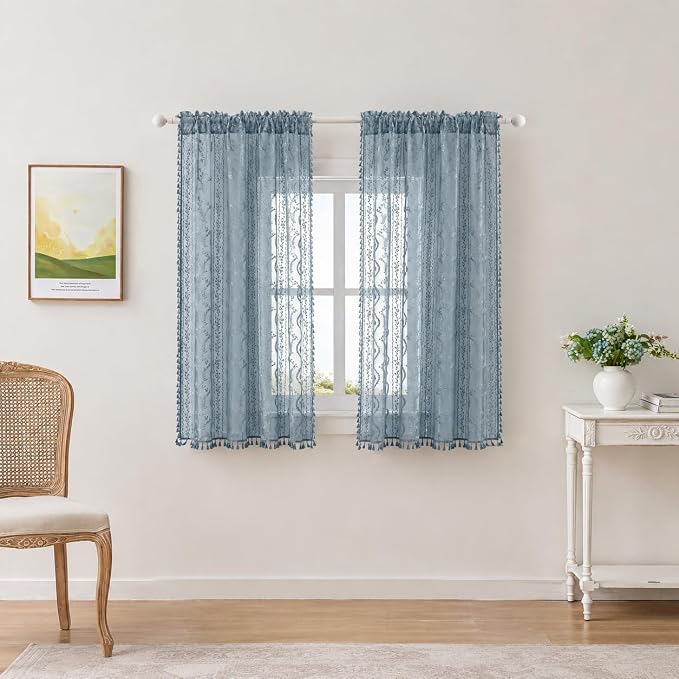 WAZZIO Boho Lace Curtains 2 Panels 63 Inch -Victorian Sheer Panel Drape French - Image 2