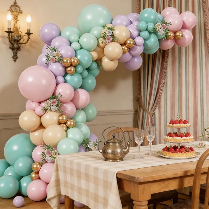 Pastel Green Pink and Purple Balloon Arch Garland Kit，164Pcs tea party - Image 7