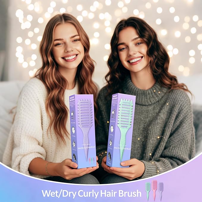 Curl Defining Brush, 4-in-1 Curly Hair Brush – Flexible Styling Brushes for Women and Men, Curls Detangling Hairbrush Featuring a Crescent Shape and Ultra-Smooth Bristles for Wet & Dry Hair - Purple