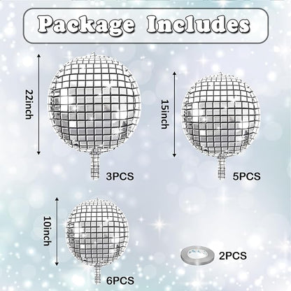 14 Pcs Disco Ball Balloons 22/15/10 4D Ball Balloons Metallic Silver Disco - Image 2