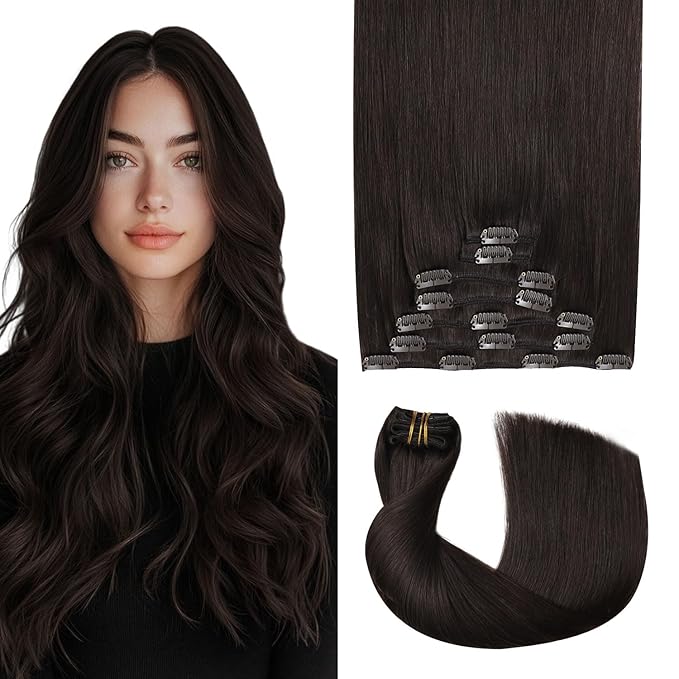 Pro2.0 Remy Clip in Extensions Real Human Hair Color #2 Dark Brown Remy Clip in Hair Extensions Real Human Hair 18inch 120g Thick 7pcs Seamless Double Weft for Women（#2-18inch）