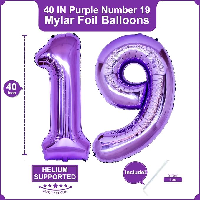 Number 19 Purple Balloons 40 Inch Giant Purple Foil 19 Helium Balloons - Image 2
