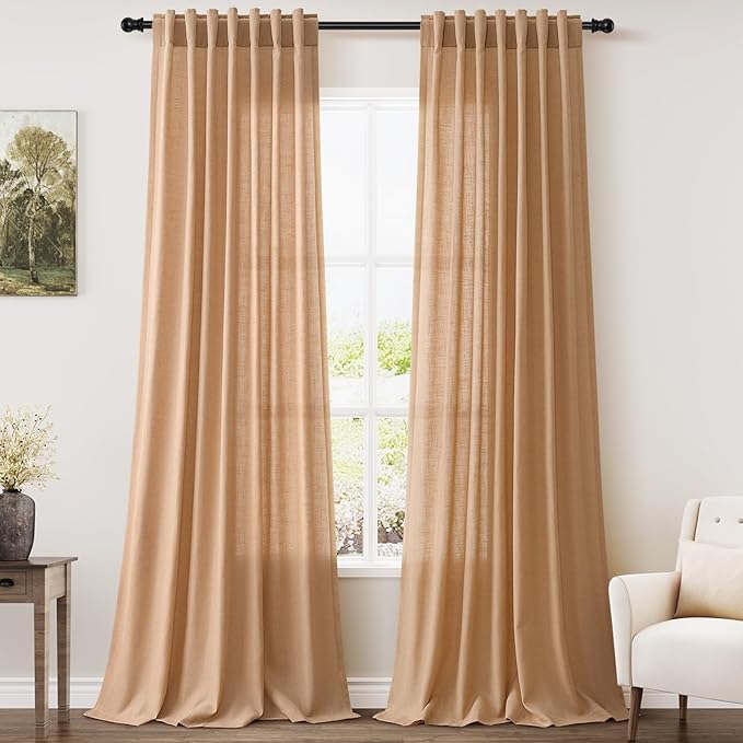 Extra Long Camel Linen Curtains 2 Panels 102 Inches Long by Nanspring