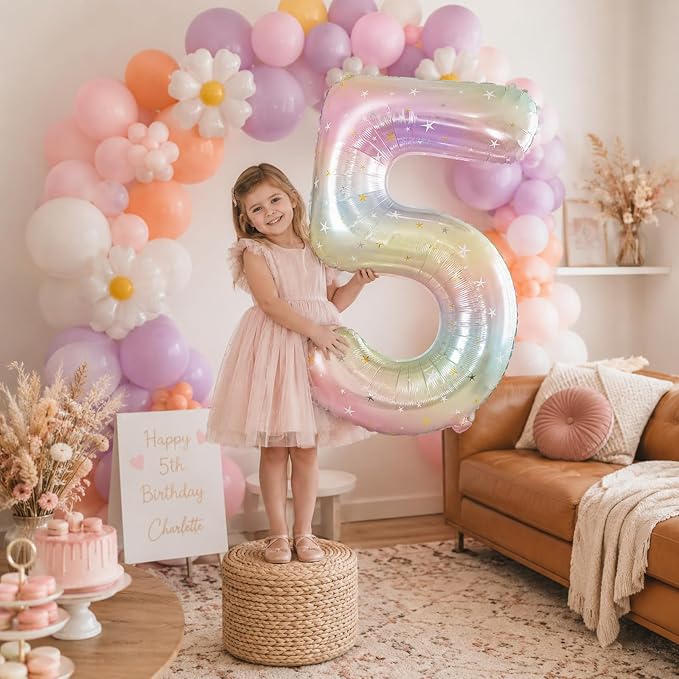 Big Number 5 Balloons, Rainbow Foil 5 Balloon Numbers 40 Inch, Giant 5th - Image 4
