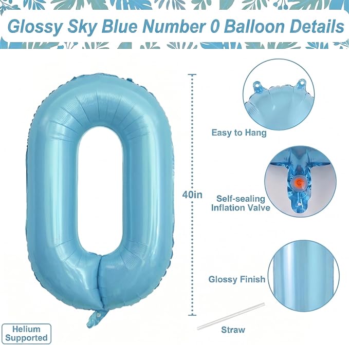 Pearlescent Blue Number 10 Balloon 40 Inch, Large Light Blue Foil 10th Birthday - Image 4