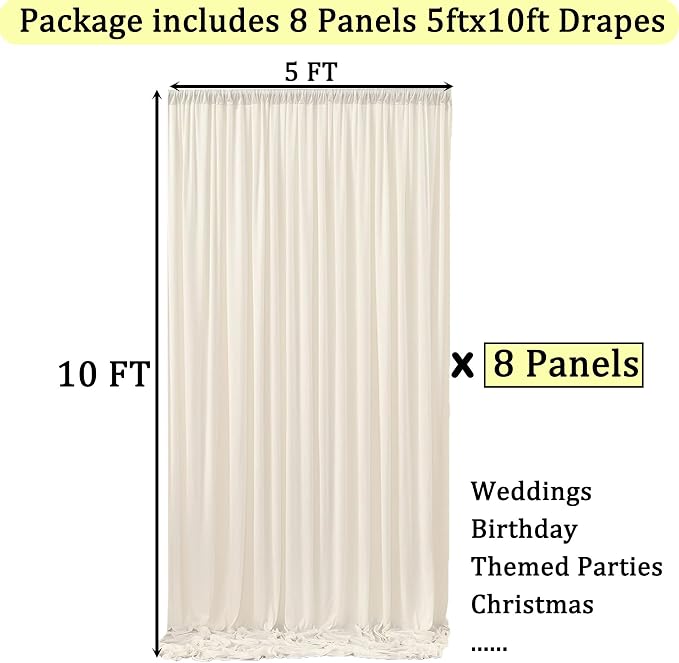 40ft x 10ft Wrinkle Free Ivory Backdrop Curtains - Image 6