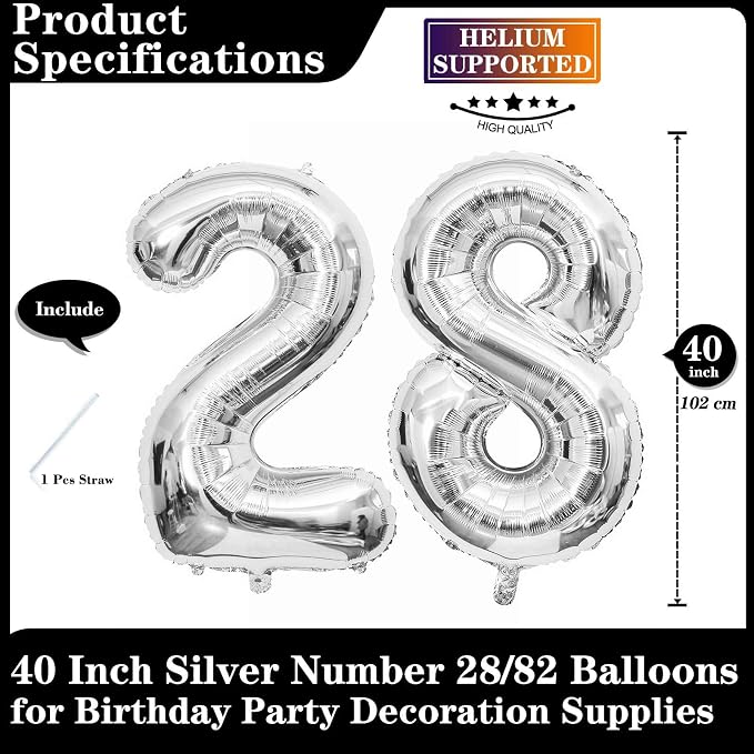 Silver 28 Number Balloons, 40 Inch Giant Number 28 Balloons Foil Mylar Helium - Image 2