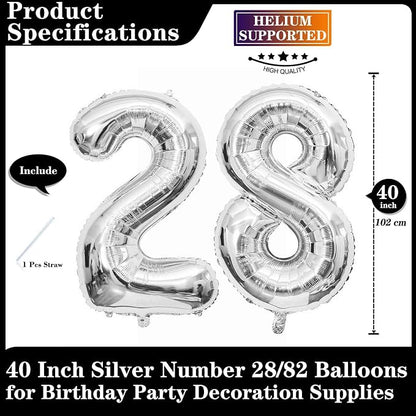Silver 28 Number Balloons, 40 Inch Giant Number 28 Balloons Foil Mylar Helium - Image 2