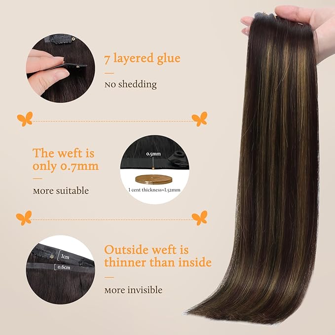 DOORES Seamless Clip-in Hair Extensions, Dark Brown to Chestnut Brown, 7pcs 110g, 14 Inch, Remy Human Hair, Straight, Invisi Edge