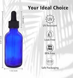 48 Pack 2oz Cobalt Blue Glass Bottles with Glass Eye Droppers for Essential Oils, Perfumes & Lab Chemicals (Brush, Funnels, 2 Extra Droppers, 54 Pieces Labels & 30ml Measuring Cup Included)