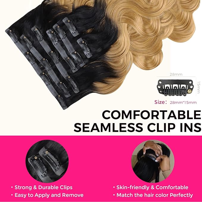 Lashey Seamless Clip in Hair Extensions Human Hair Body Wave 24 Inch Clip ins 110g 7pcs Ombre Natural Black to Honey Blonde Human Hair Extensions for Women