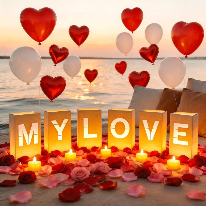 MY LOVE Light Up Letters, with Tea Lights Candles, Rose Petals, Pearlescent - Image 6