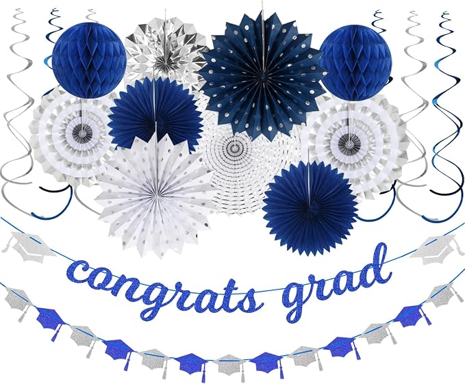 Navy-blue Silver Party-Decorations Graduation Banner-Streamers by Panduola